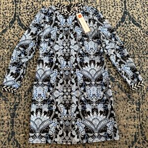 Jude Connally Black and Light Blue Paisley Long-Sleeve Shift Dress